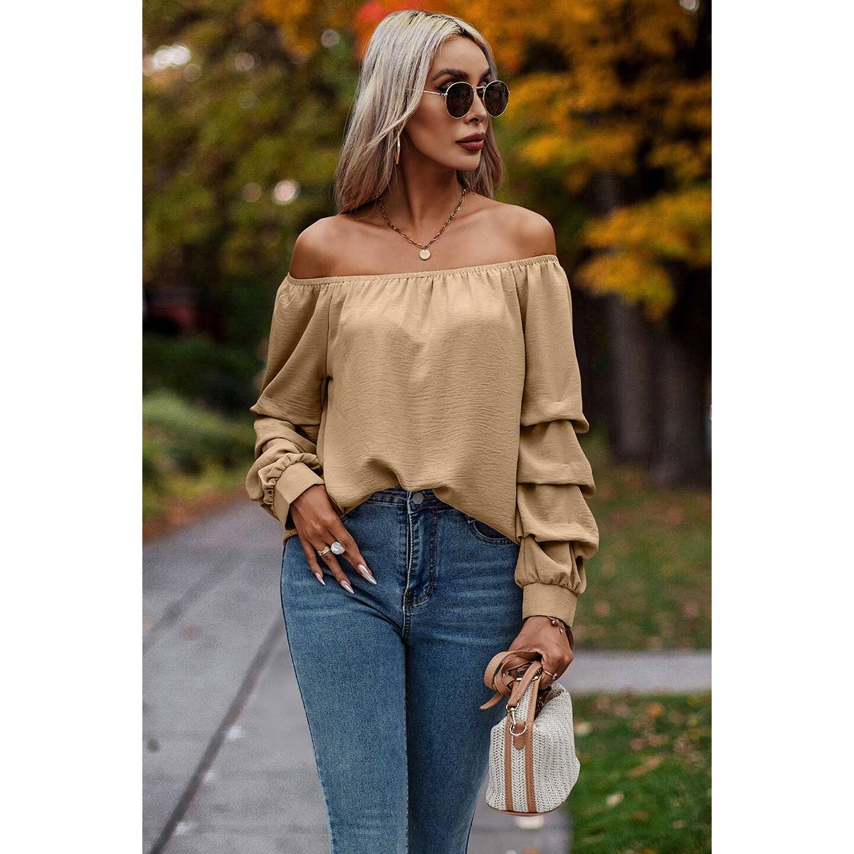 Off Shoulder Solid Ruched Sleeves Loose Fit Top