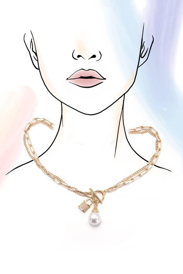 PEARL LOCK CHARM DOUBLE LAYER TOGGLE NECKLACE