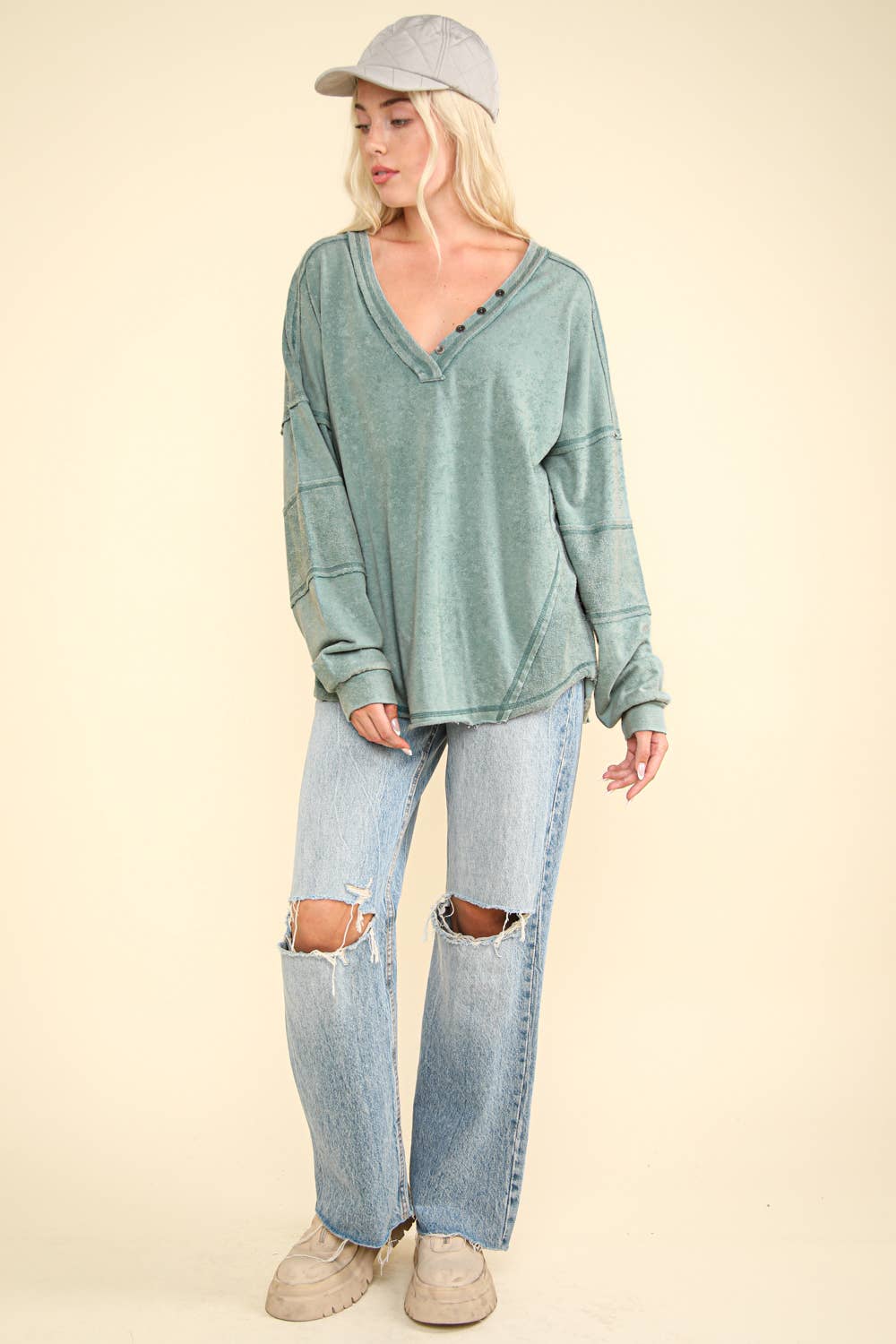 Washed Knit V-Neck Oversized Top