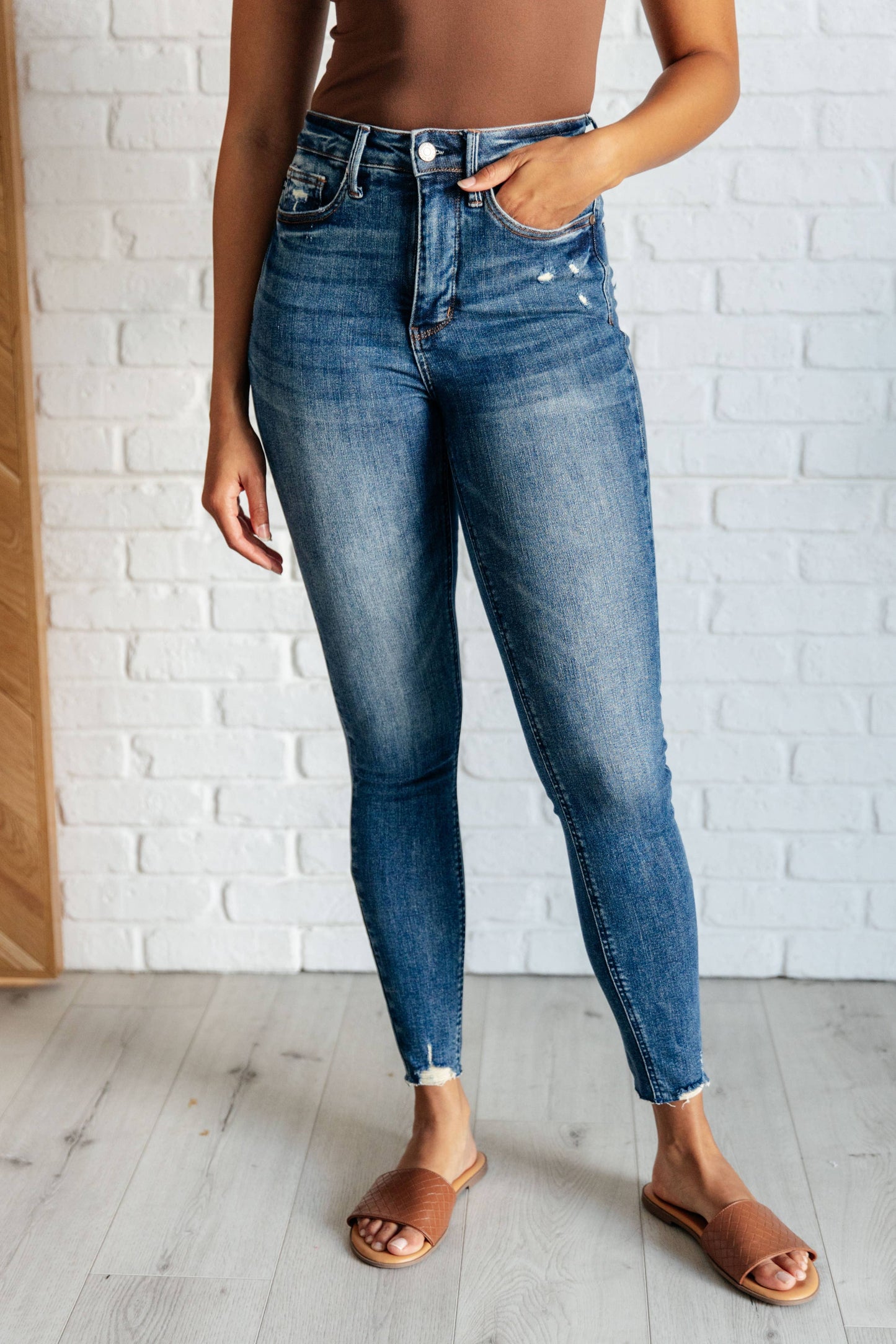 Judy Blue High Rise Control Top Distressed Hem Skinny Jeans: 3/26