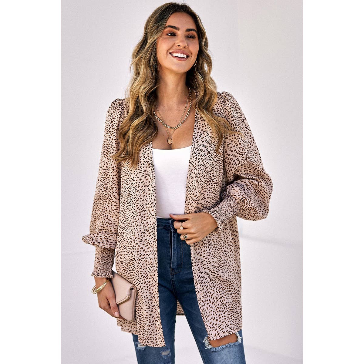 Front Open Leopard Print Loose Fit Top