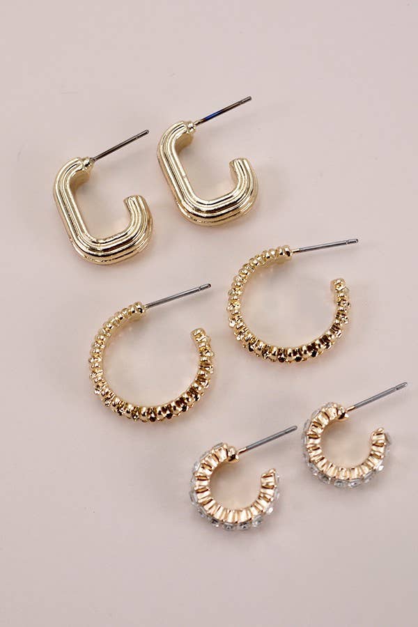 TRIO HUGGIE U RHINESTONE DESIGN HOOP EARRINGS
