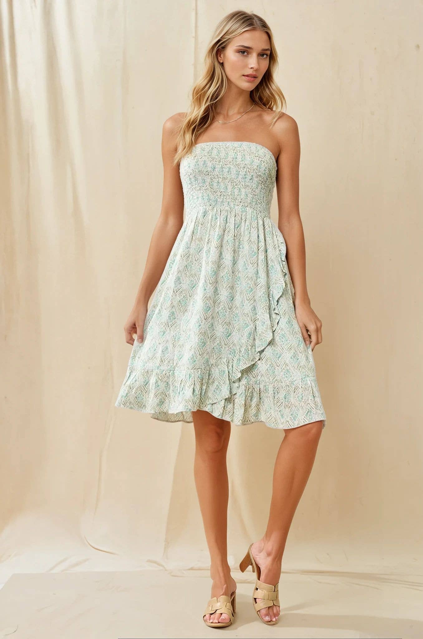 SMOCKED RUFFLE TUBE DRESS