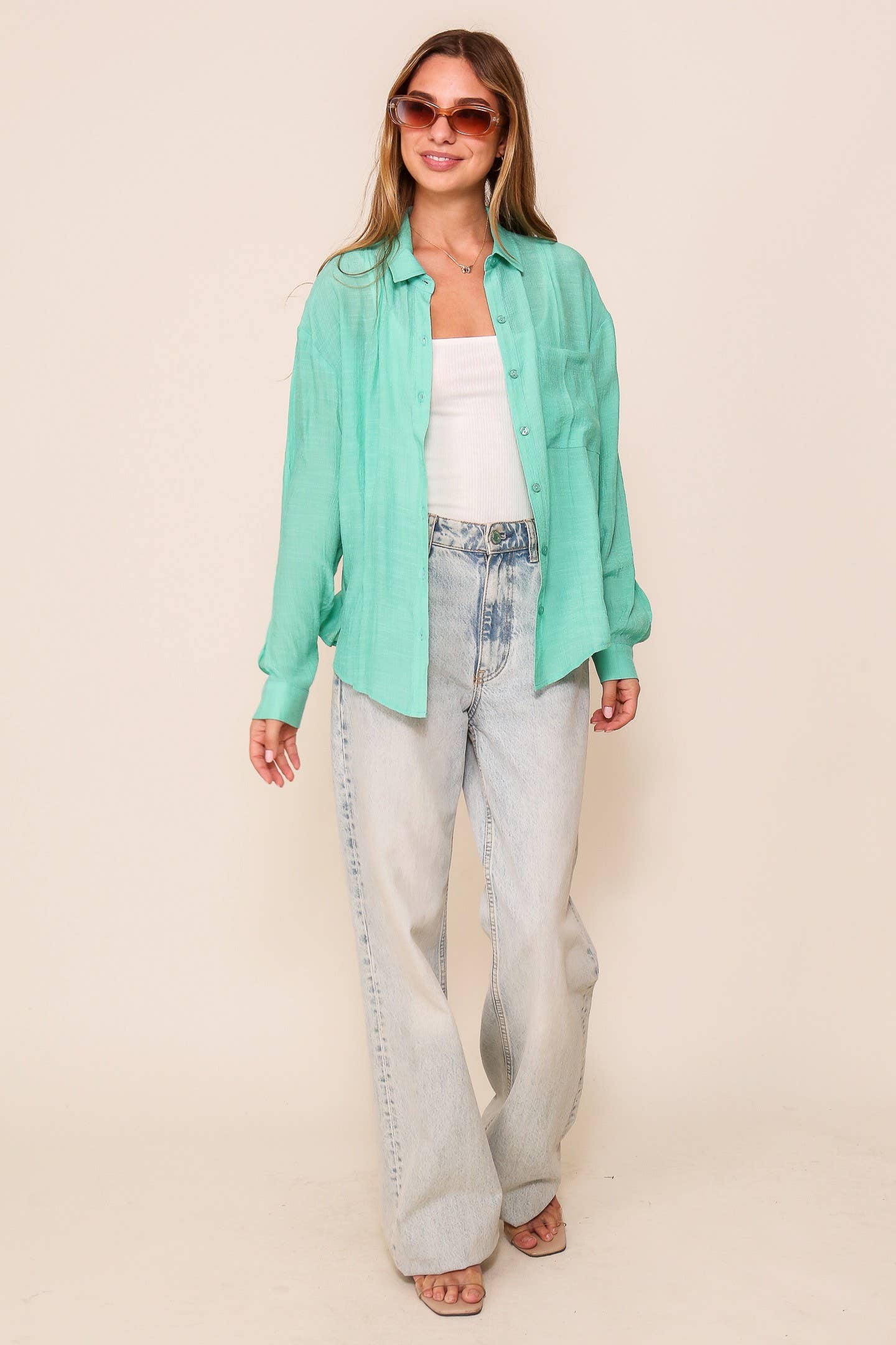 Poly Linen Button Down Top