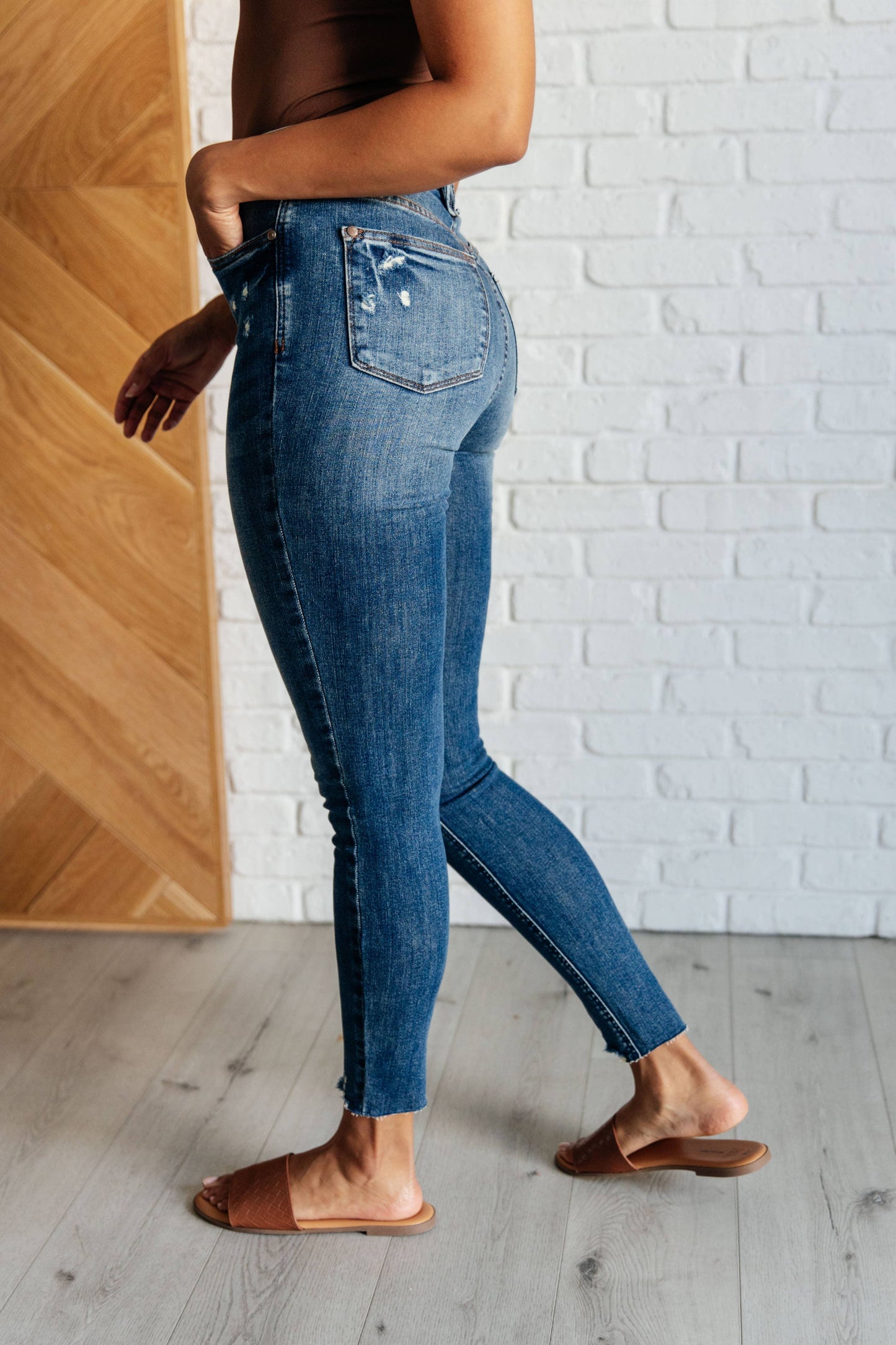 Judy Blue High Rise Control Top Distressed Hem Skinny Jeans: 3/26