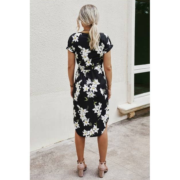 Notched Neck Floral Print Belted Fit Dress