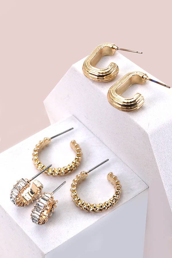 TRIO HUGGIE U RHINESTONE DESIGN HOOP EARRINGS
