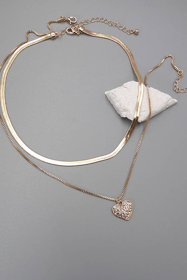 DOUBLE LAYER RHINE HEART HERRINGBONE NECKLACE | 10N3042805