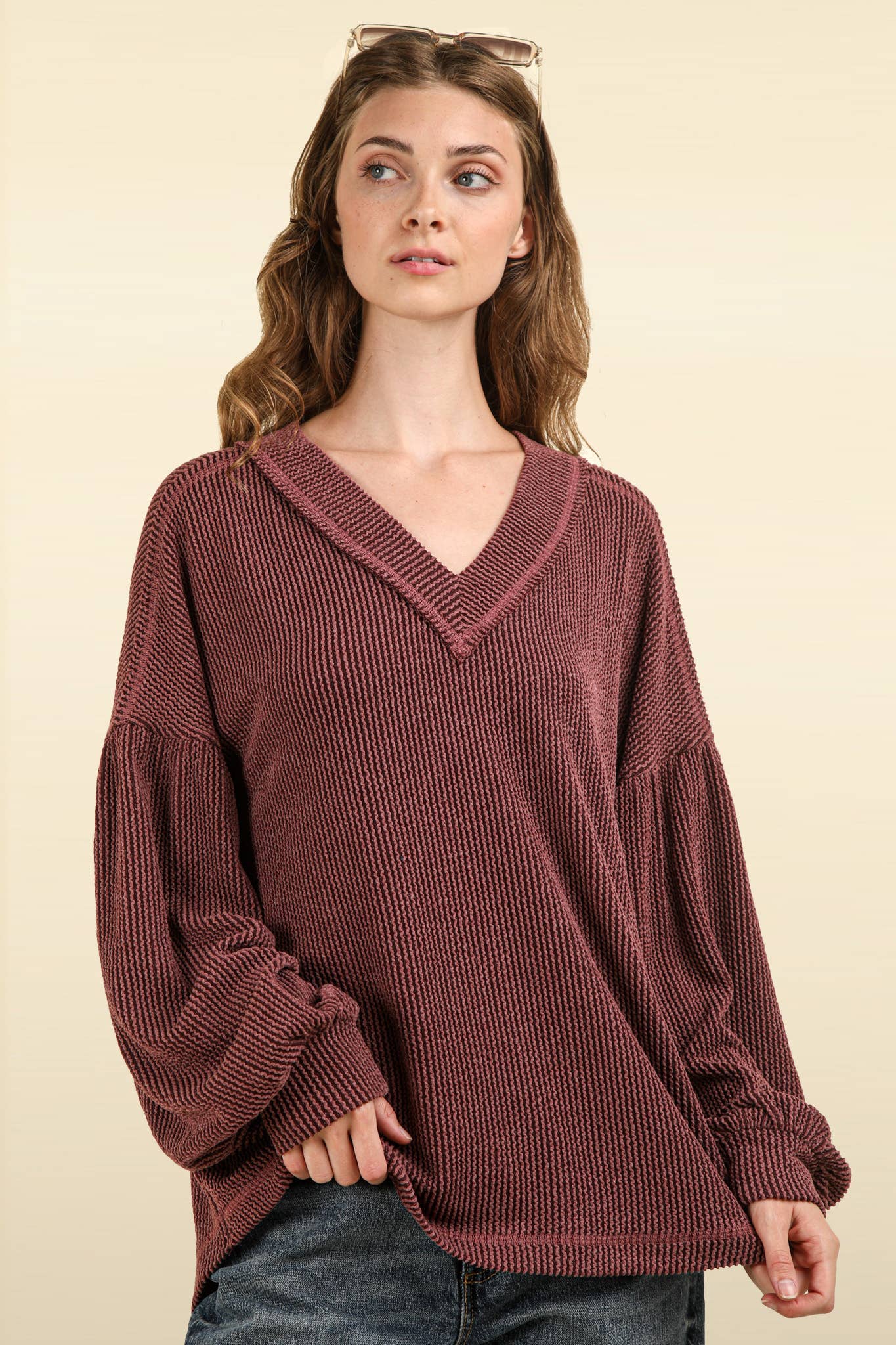 Two Tone Otto Ribbed V-Neck Oversized Knit Top