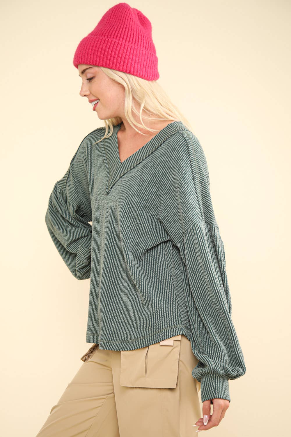 Two Tone Otto Ribbed V-Neck Oversized Knit Top