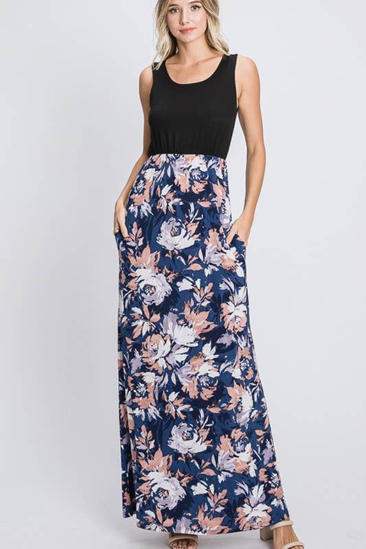 SOLID AND FLORAL MAXI DRESS