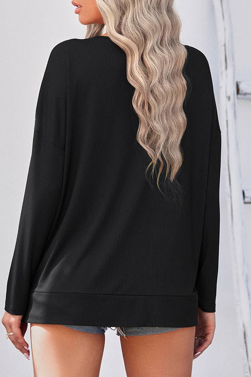 Women V Neck Long Sleeve Solid Knit Pullover Loose Fit Top