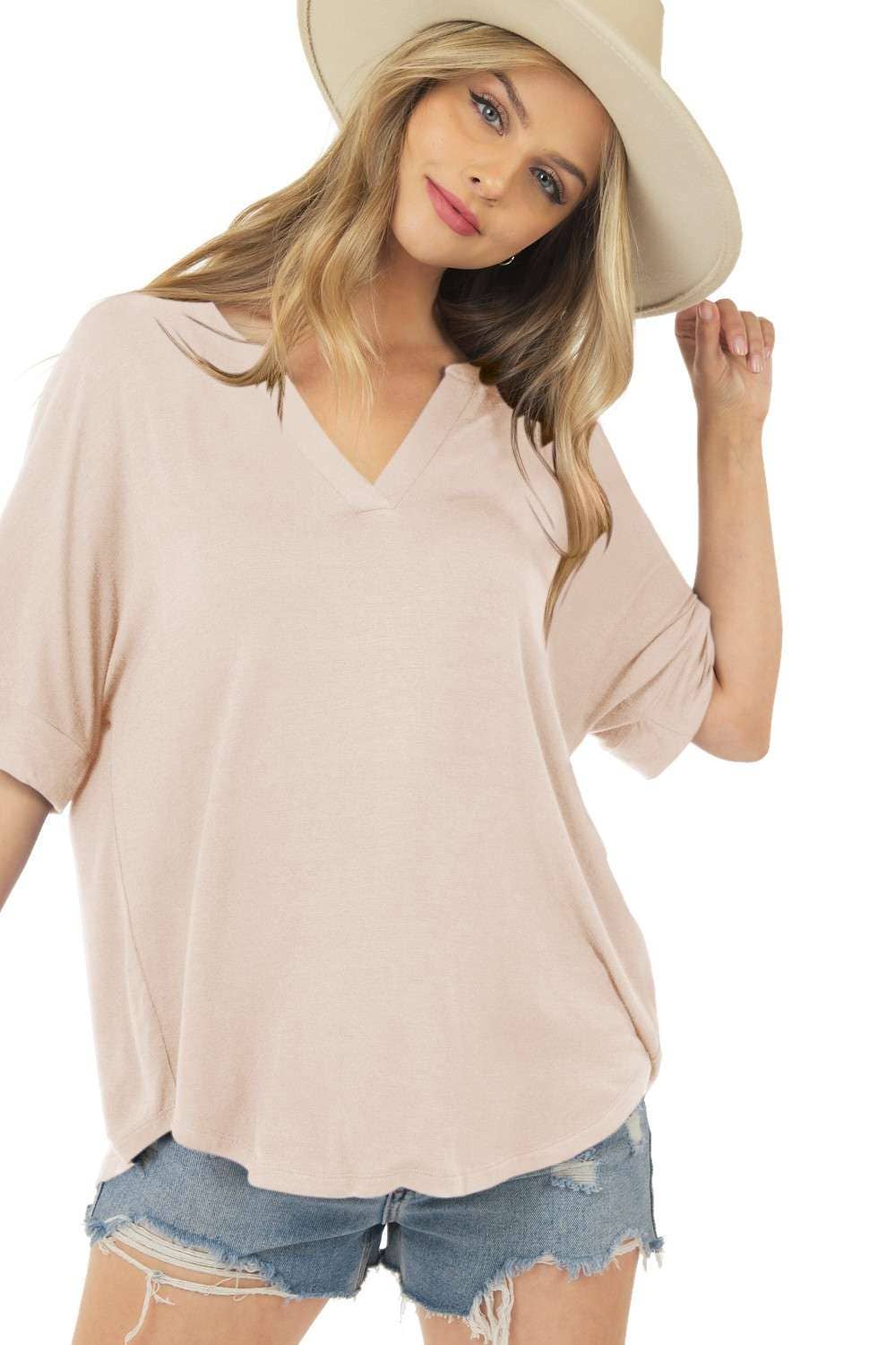 Basic Short Sleeve V Neck Top with Banded Sleeves