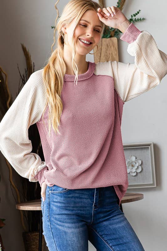 PUFF SLEEVE SOLID URBAN RIBBED COLOR BLOCK TOP