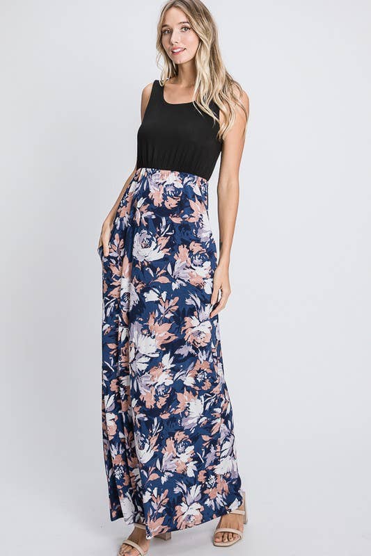 SOLID AND FLORAL MAXI DRESS