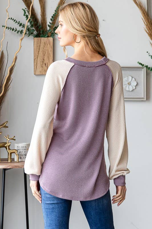 PUFF SLEEVE SOLID URBAN RIBBED COLOR BLOCK TOP