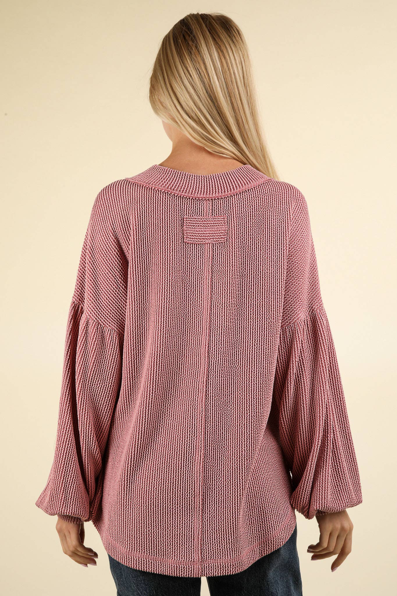 Two Tone Otto Ribbed V-Neck Oversized Knit Top