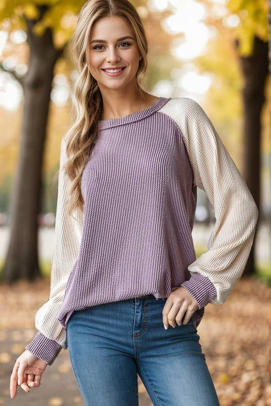 PUFF SLEEVE SOLID URBAN RIBBED COLOR BLOCK TOP