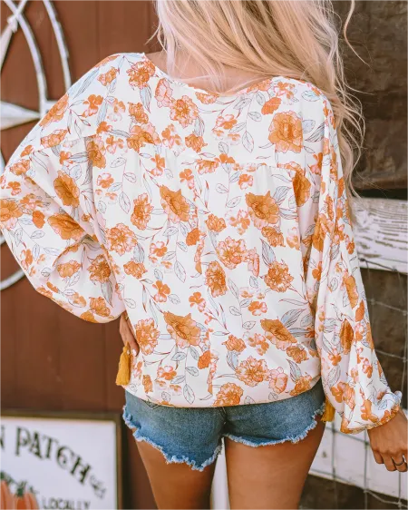 Tassel Tie V Neck Bubble Sleeve Floral Blouse