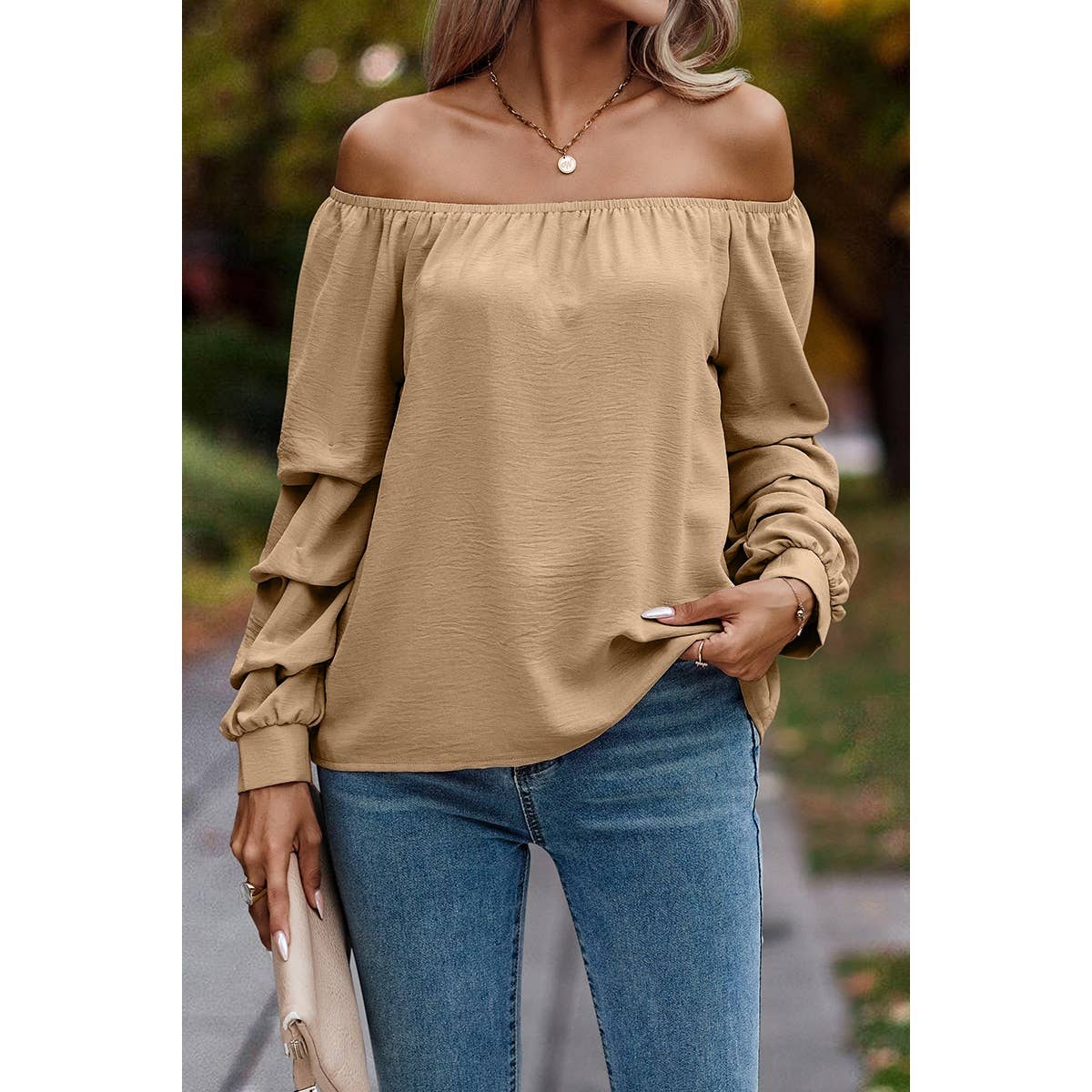 Off Shoulder Solid Ruched Sleeves Loose Fit Top