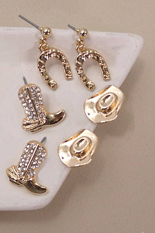 HAT BOOTS HORSESHOE WESTERN TRIO EARRINGS