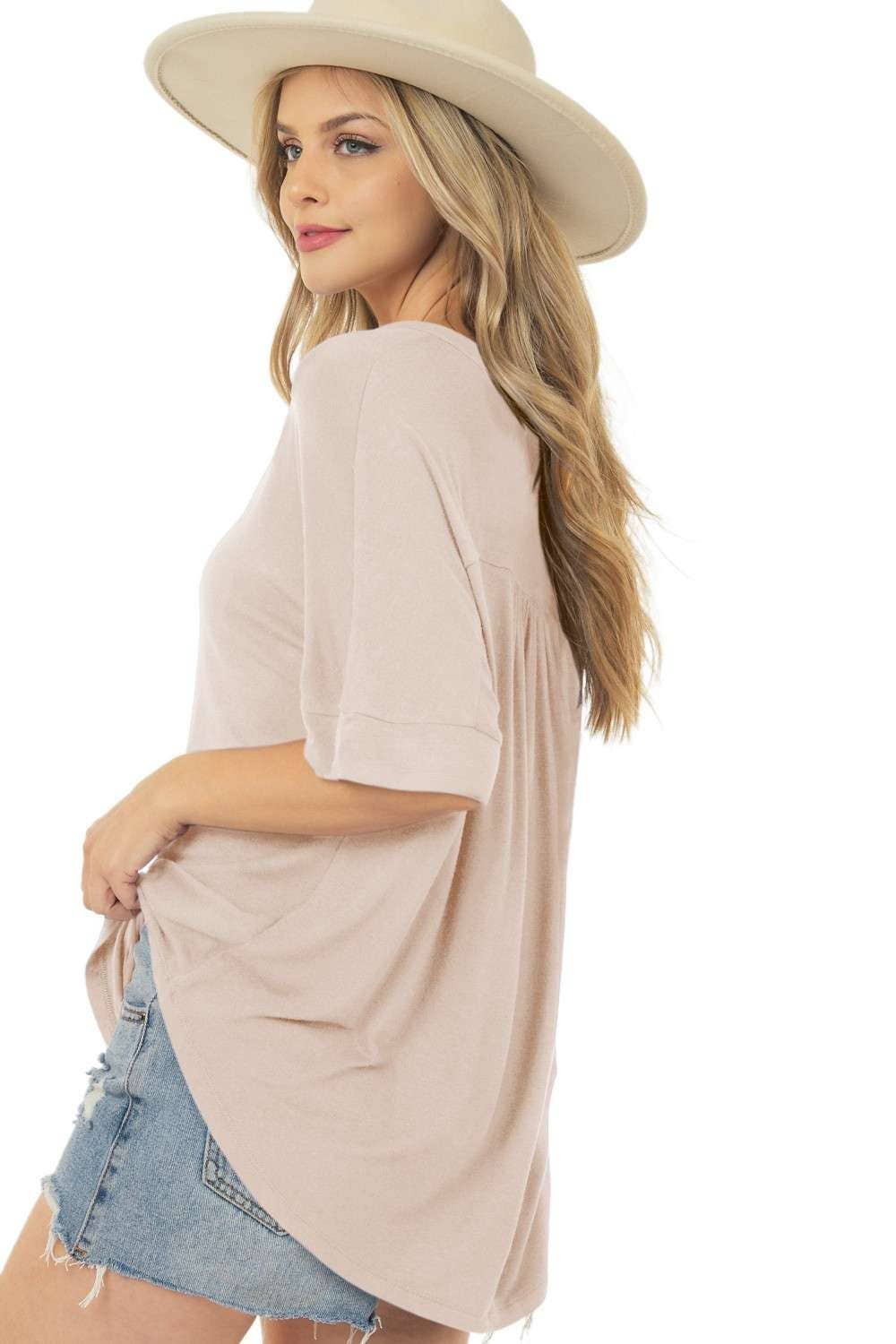 Basic Short Sleeve V Neck Top with Banded Sleeves