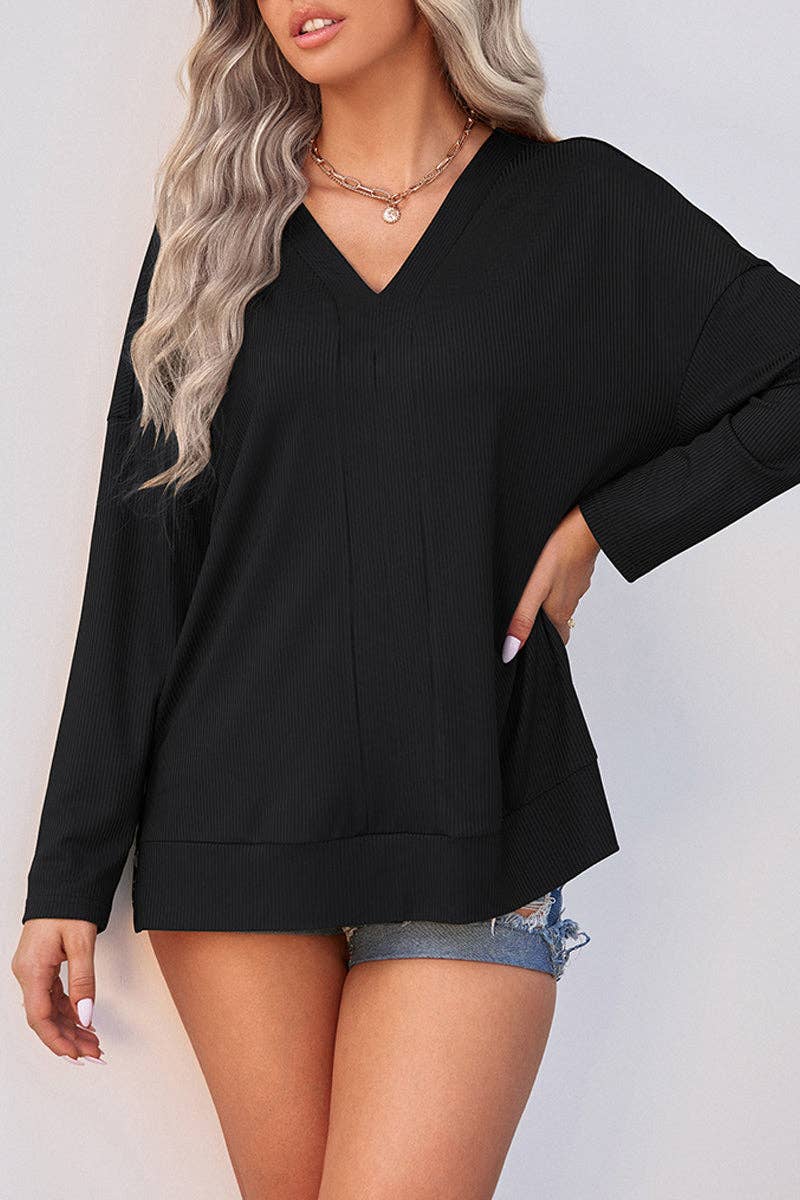 Women V Neck Long Sleeve Solid Knit Pullover Loose Fit Top