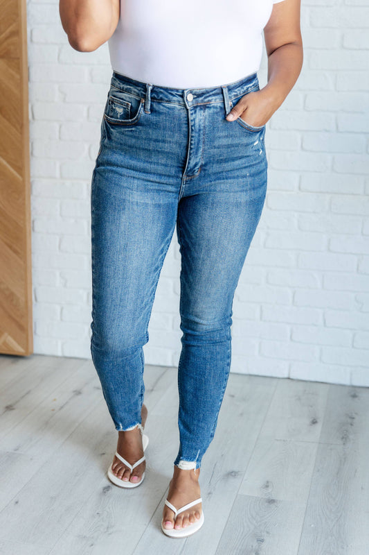 Judy Blue High Rise Control Top Distressed Hem Skinny Jeans: 3/26