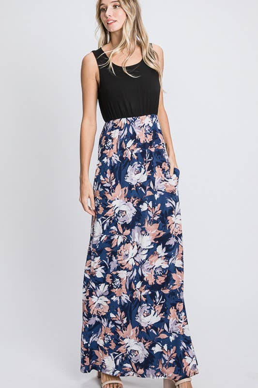 SOLID AND FLORAL MAXI DRESS