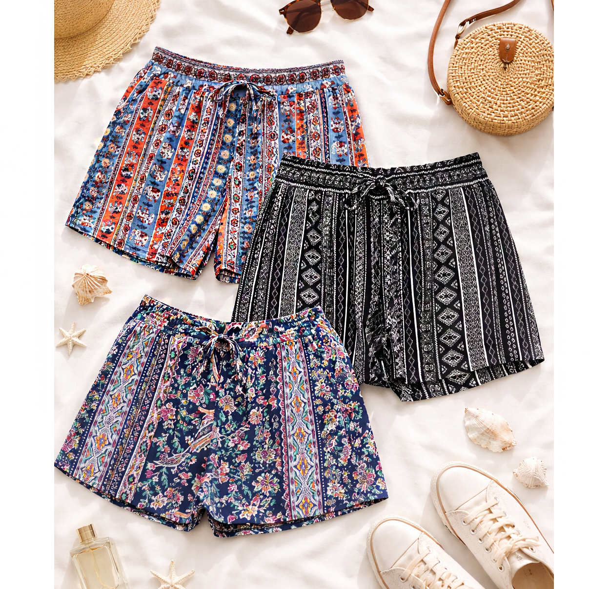 ELASTIC TIE WAIST PRINTED SHORTS
