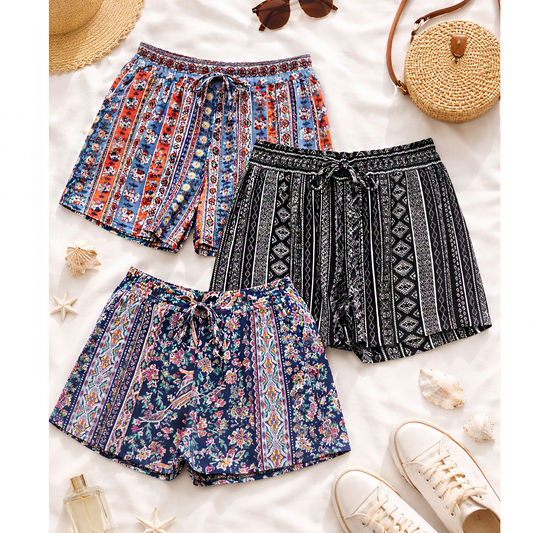 ELASTIC TIE WAIST PRINTED SHORTS