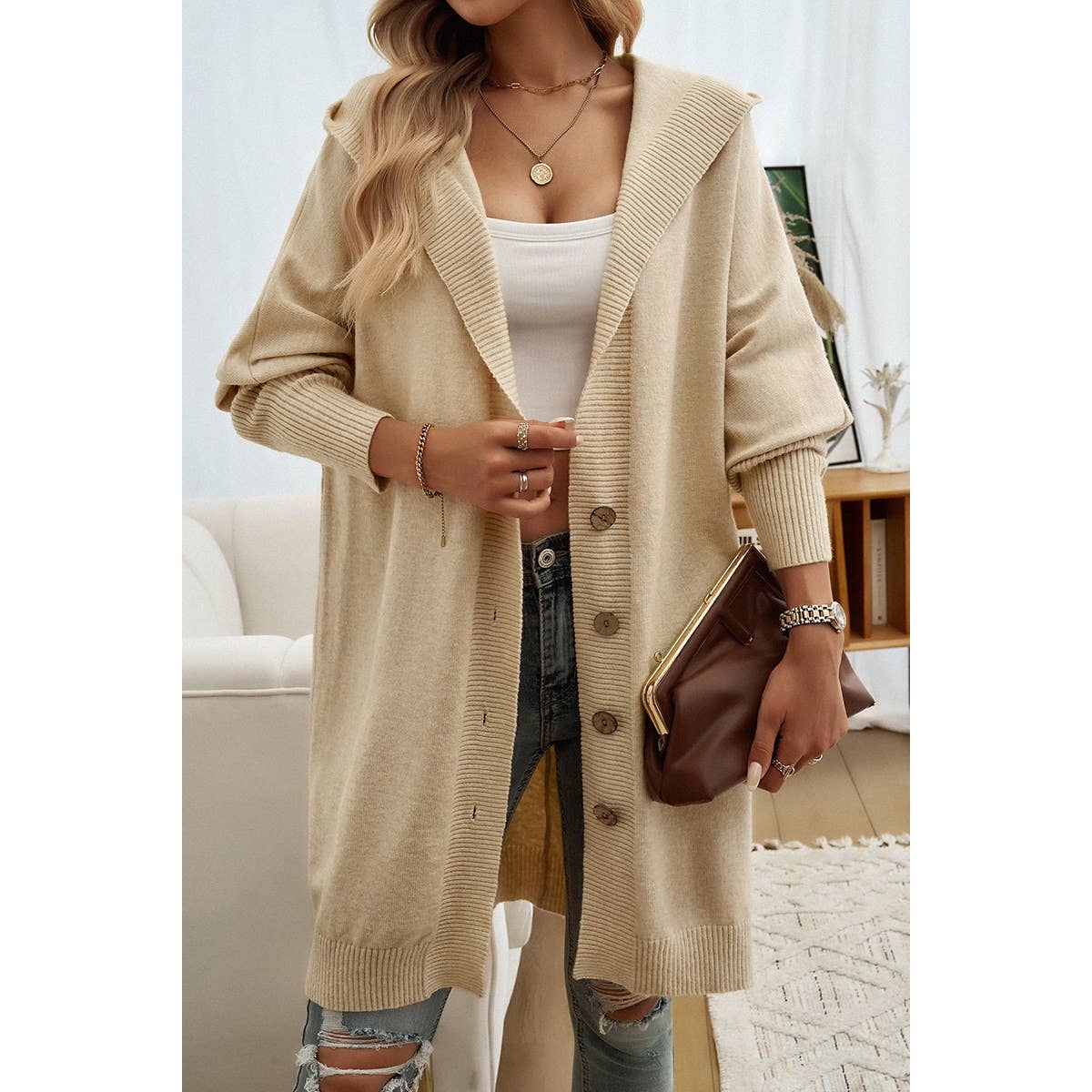 Knit Button Up Hood Lapel Bishop Sleeve Cardigan