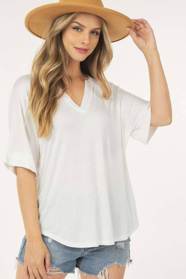 Basic Short Sleeve V Neck Top with Banded Sleeves