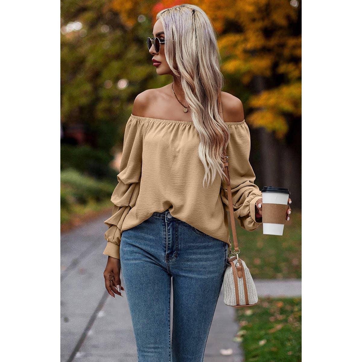 Off Shoulder Solid Ruched Sleeves Loose Fit Top