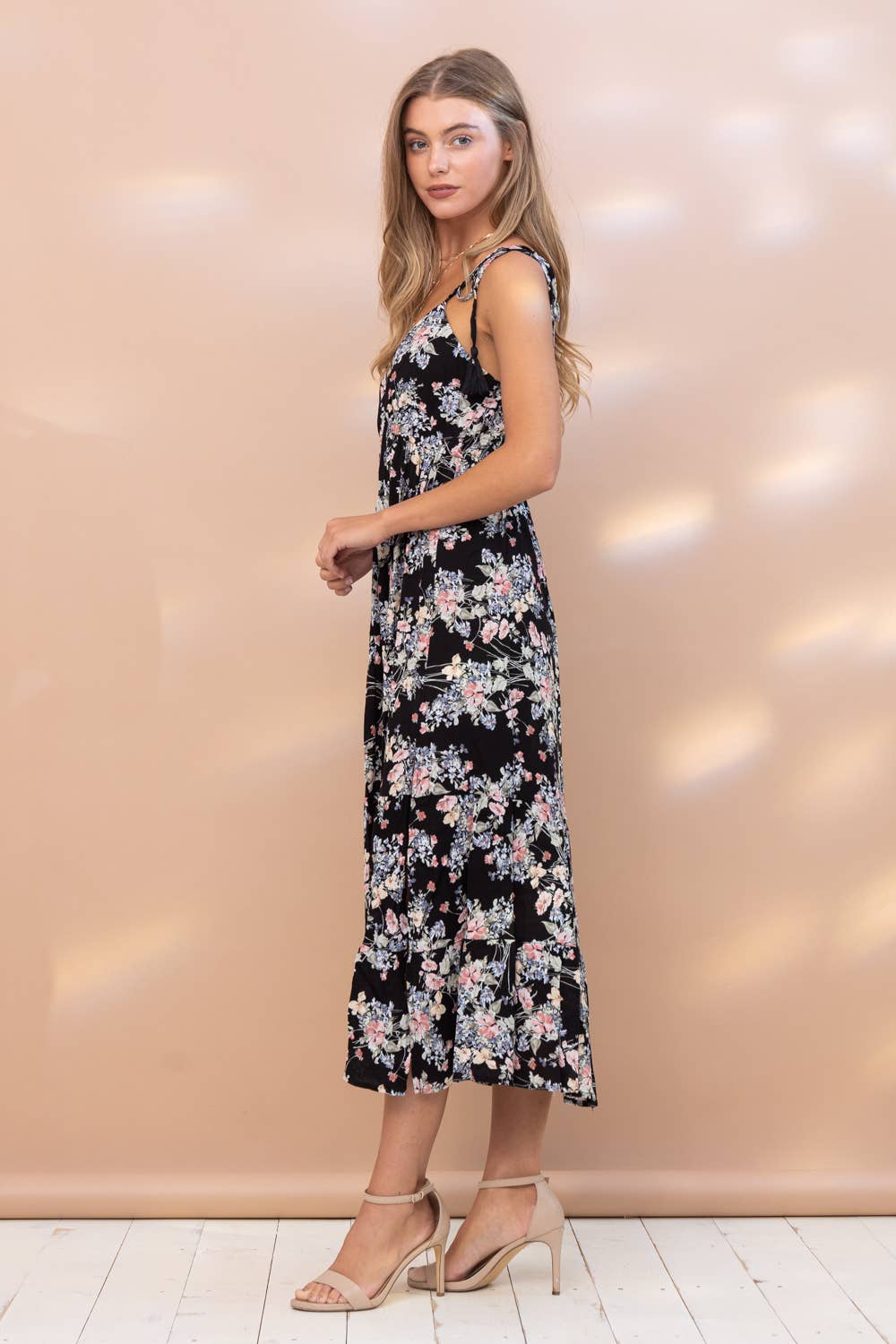 31863D - Rayon Floral Cami Tiered Midi Dress