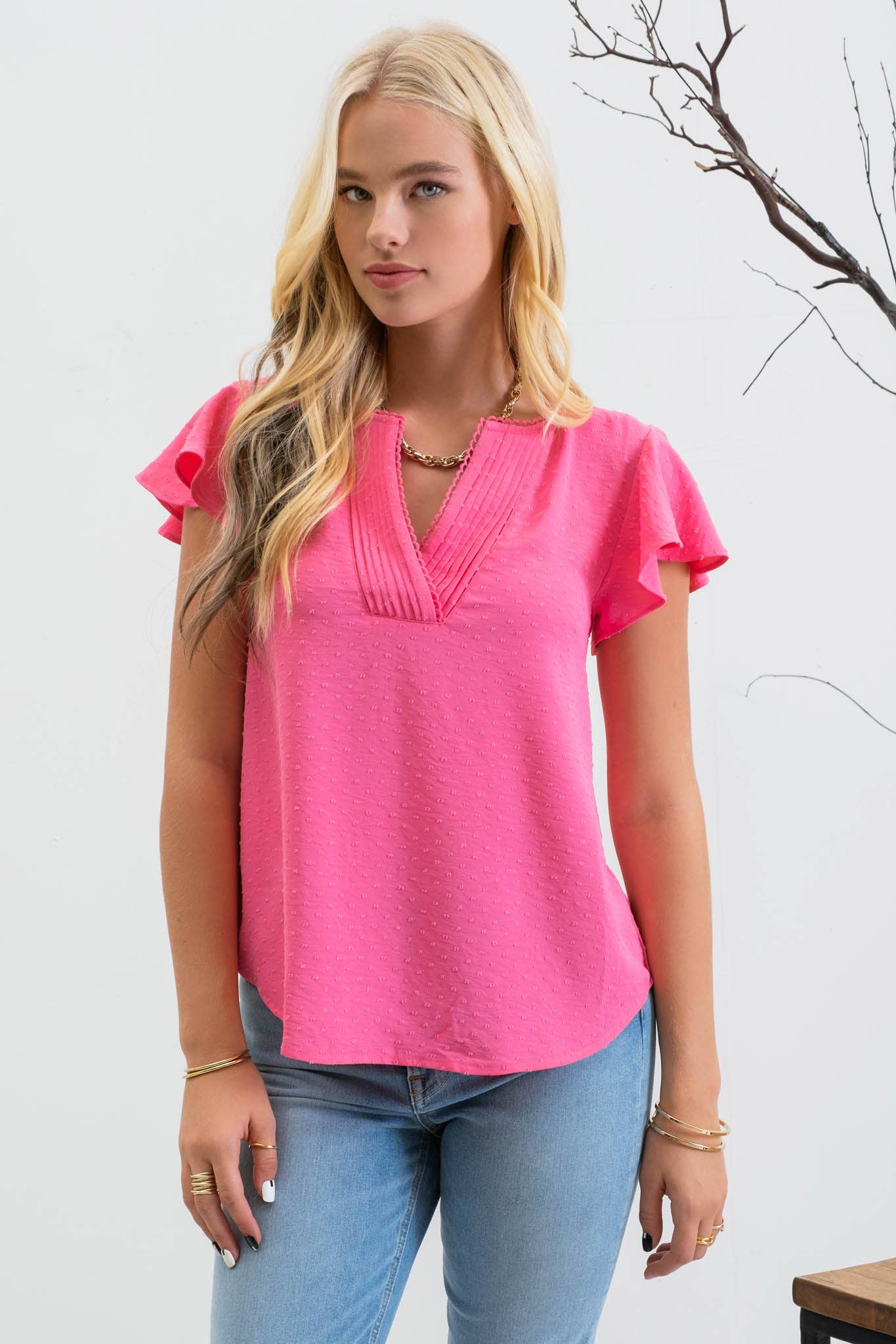 LACE EDGE SPLIT NECKLINE WOVEN TOP