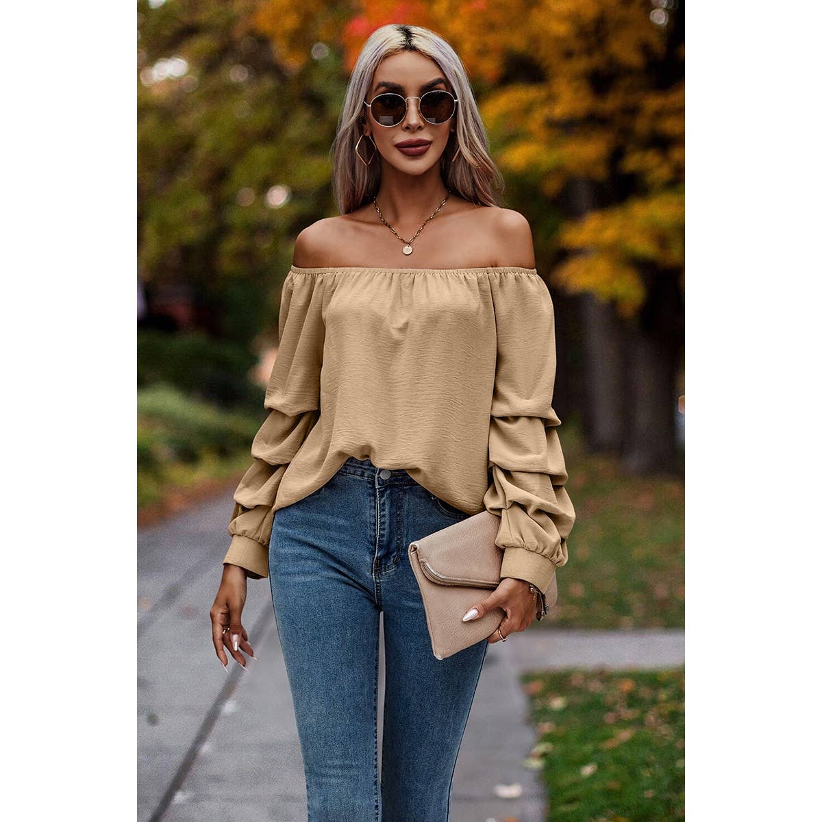 Off Shoulder Solid Ruched Sleeves Loose Fit Top