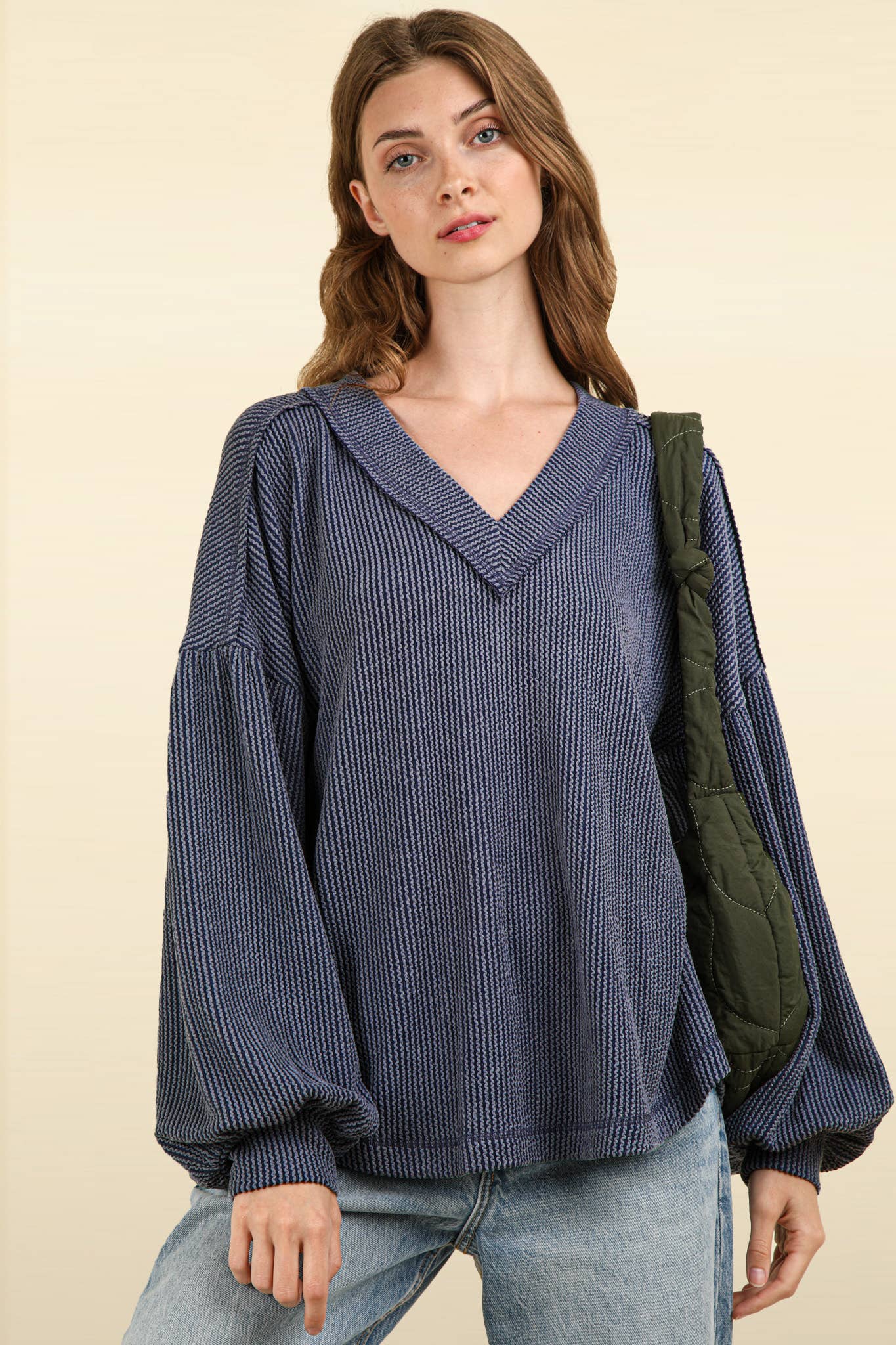 Two Tone Otto Ribbed V-Neck Oversized Knit Top