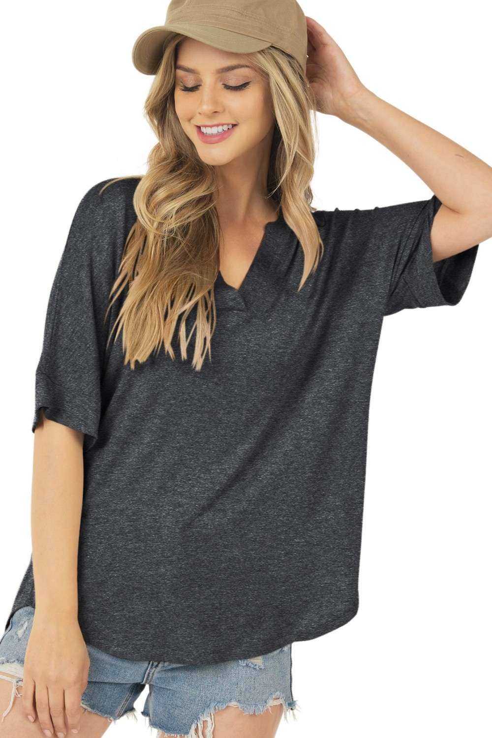 Basic Short Sleeve V Neck Top with Banded Sleeves