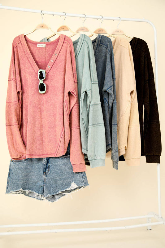 Washed Knit V-Neck Oversized Top