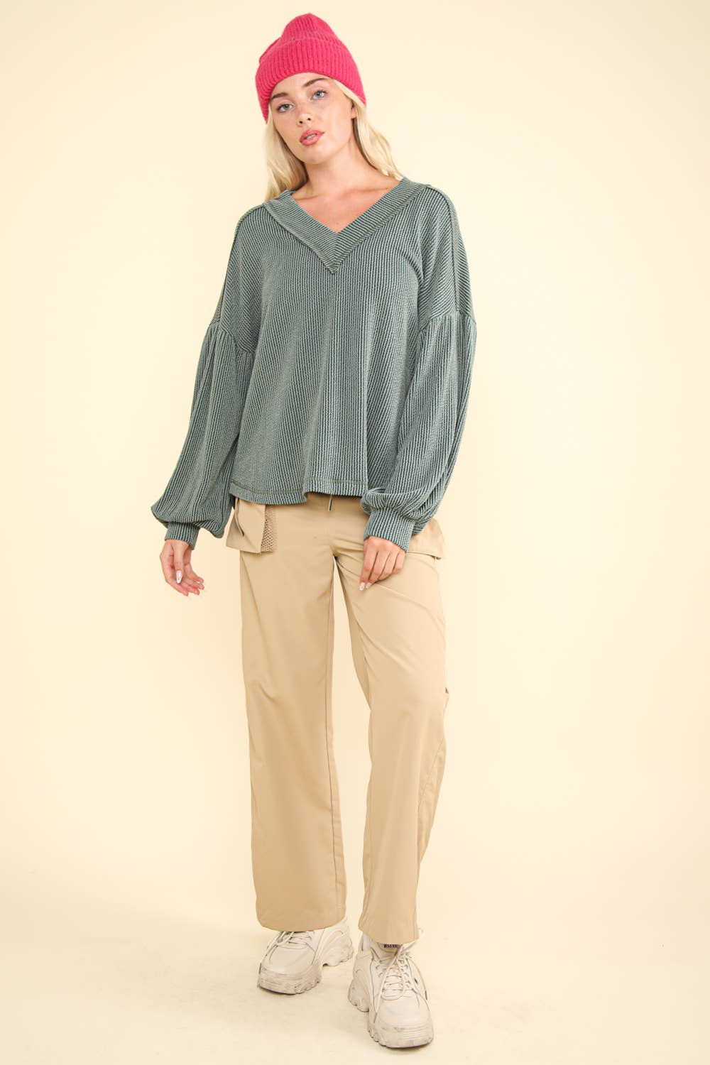 Two Tone Otto Ribbed V-Neck Oversized Knit Top