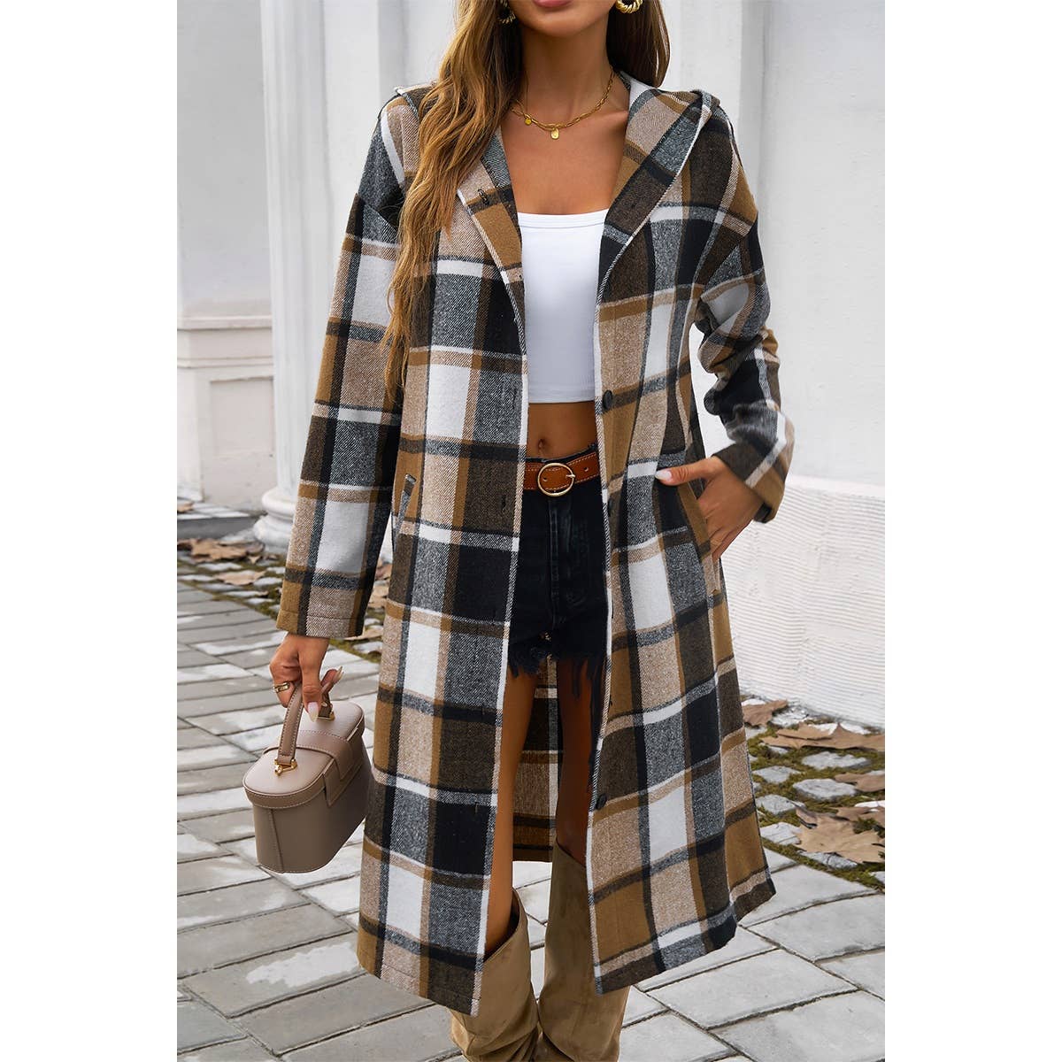 Button Hood Plaid Flannel Trench Corduroy Coat