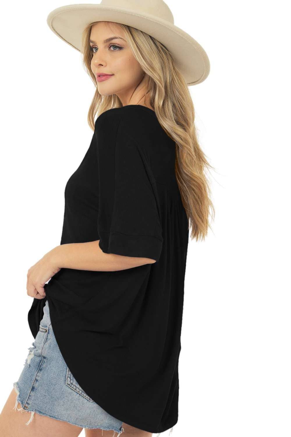 Basic Short Sleeve V Neck Top with Banded Sleeves