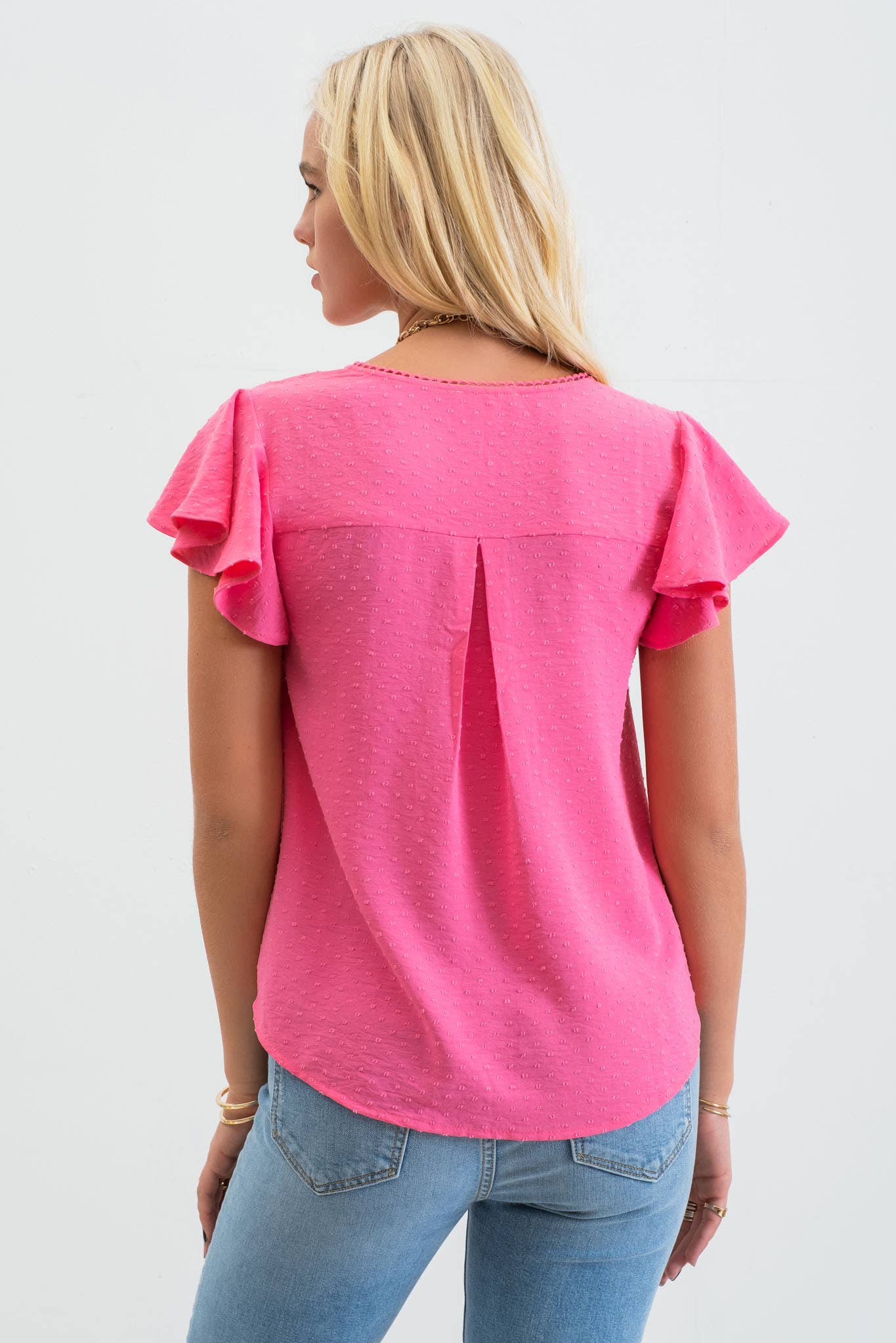 LACE EDGE SPLIT NECKLINE WOVEN TOP