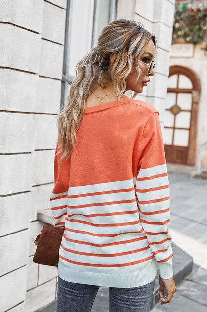 V Neck Striped Loose Sweater