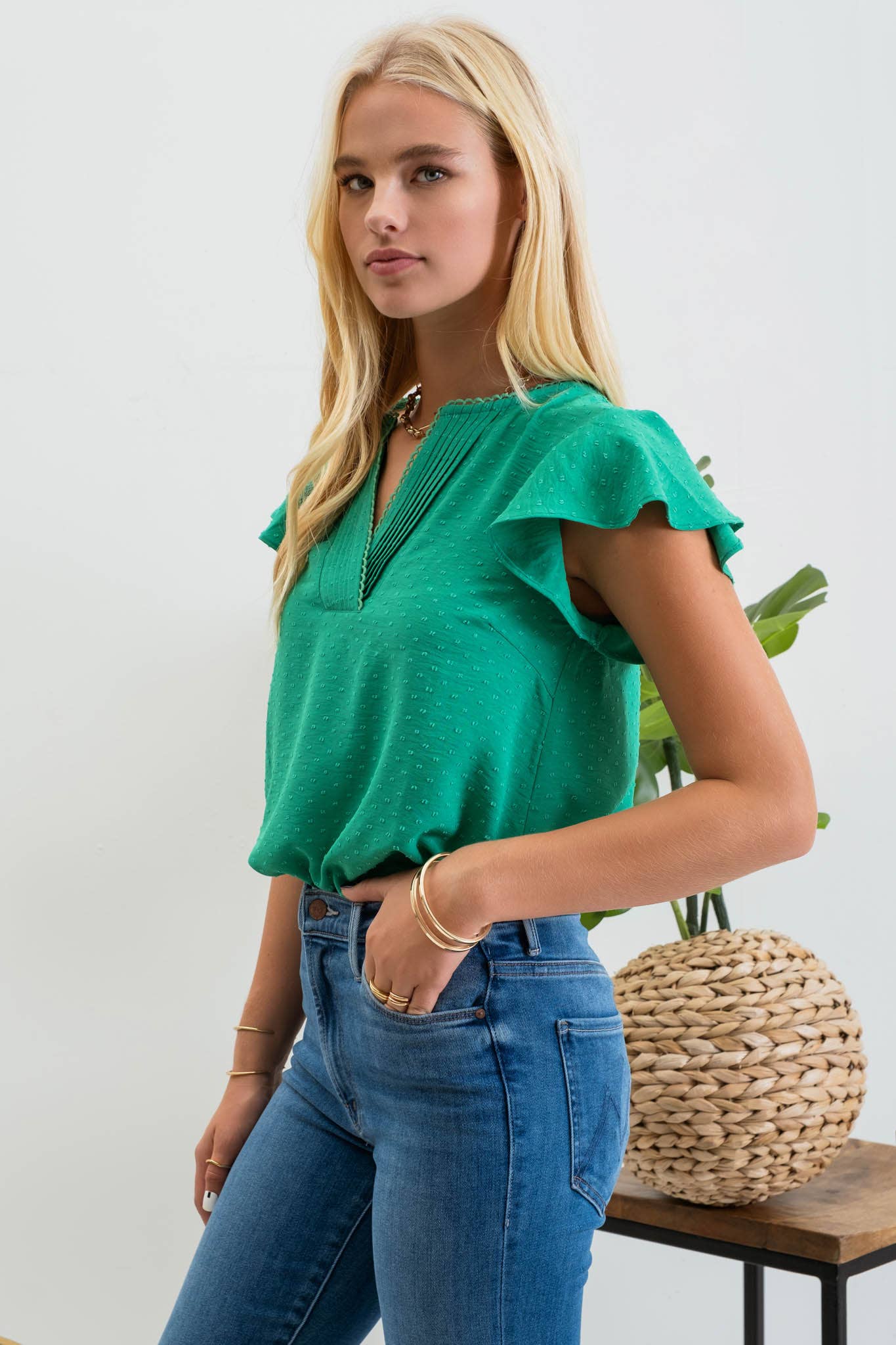 LACE EDGE SPLIT NECKLINE WOVEN TOP