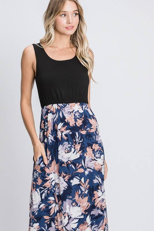 SOLID AND FLORAL MAXI DRESS