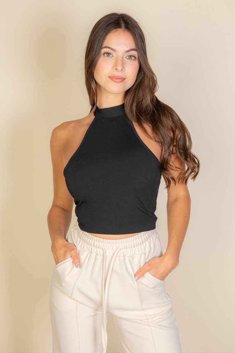 Ribbed Halter Neck Backless Top