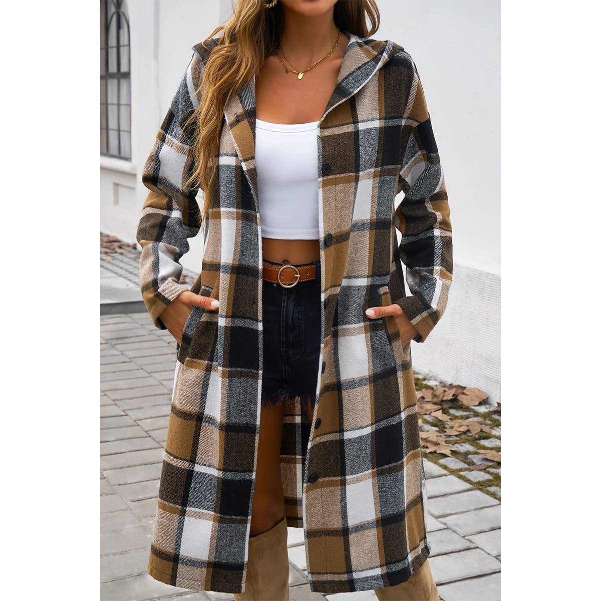 Button Hood Plaid Flannel Trench Corduroy Coat