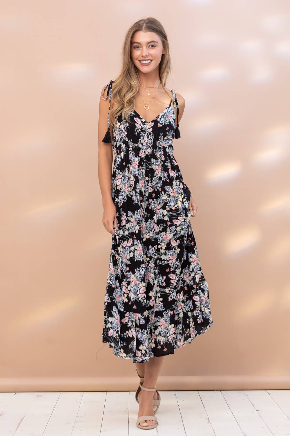 31863D - Rayon Floral Cami Tiered Midi Dress